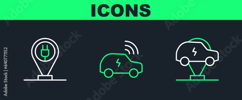 Set line Electric car, Charging parking electric and Smart system icon. Vector
