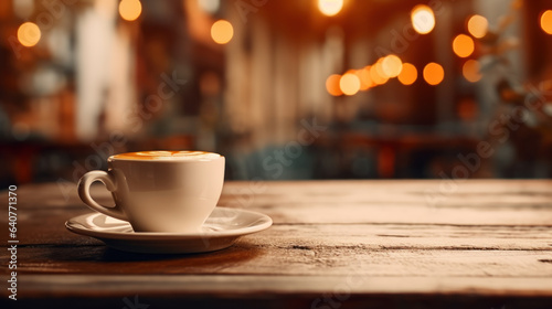 Coffee cup on table with blurred restaurant background