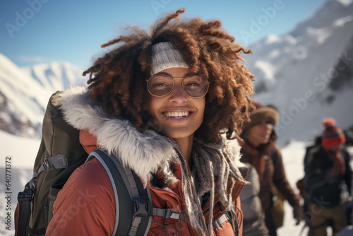 Junge Frau mit Stirnband und Rucksack beim Winterwandern in den Bergen.