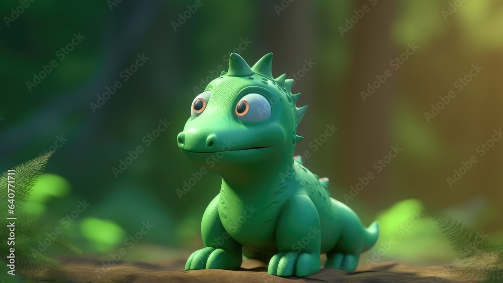 3d cute green dragon character on blurred green forest background