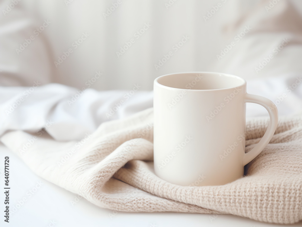 Blank empty white coffee mug mockup on warm knitted clothes in autumn and winter season Blank empty white coffee mug mockup on warm knitted clothes in autumn and winter season