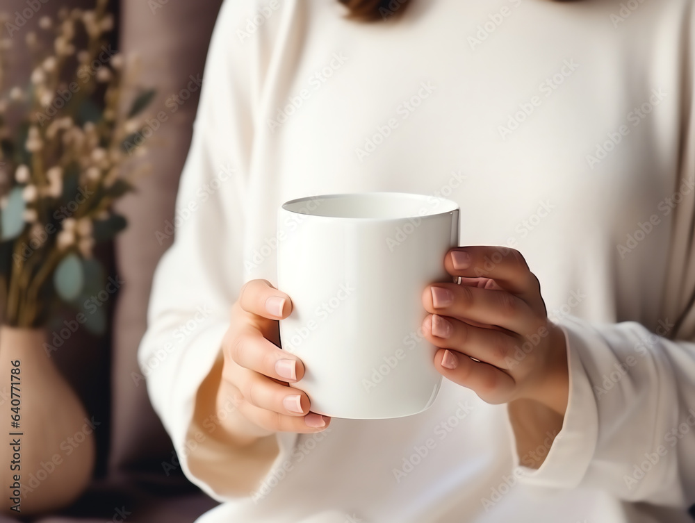 Woman in sweater holding blank empty white mug mockup for design template Woman in sweater holding blank empty white mug mockup for design template