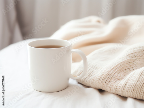 Blank empty white coffee mug mockup on warm knitted clothes in autumn and winter season