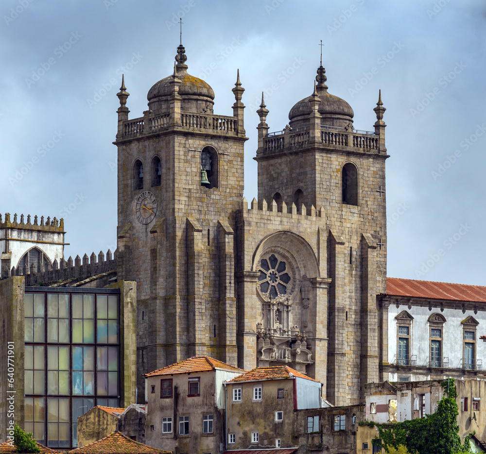 A distant front view of Porto's cathedral, Portugal
