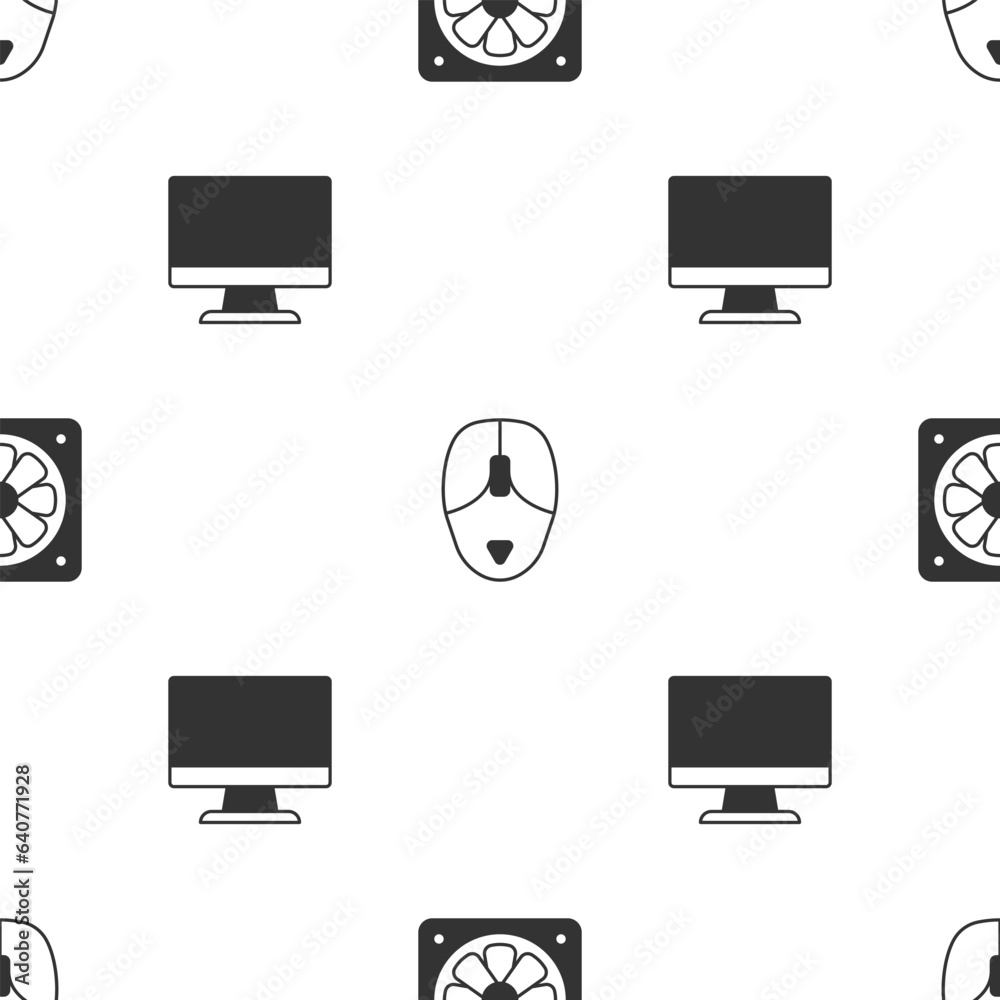 Set Computer cooler, mouse and monitor screen on seamless pattern. Vector