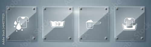 Set Basin with shirt, Washing powder, Temperature wash and Dirty t-shirt. Square glass panels. Vector
