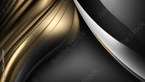 3d render of abstract wavy metallic background with black and gold elements