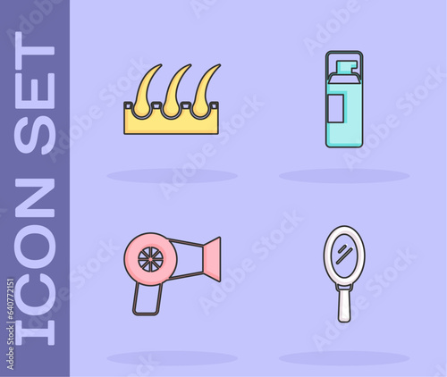 Set Hand mirror, Human hair follicle, Hair dryer and Shaving gel foam icon. Vector