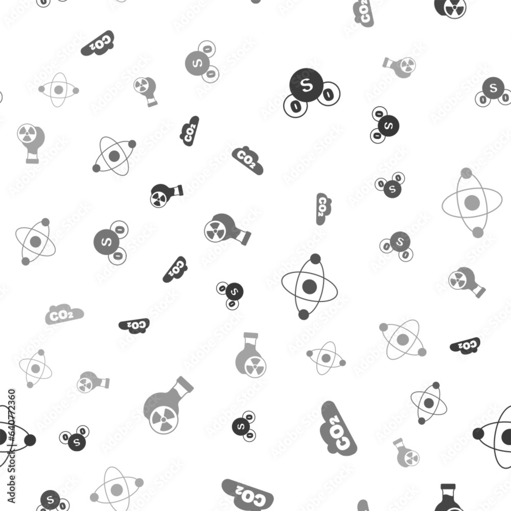 Set Sulfur dioxide SO2, CO2 emissions in cloud, Atom and Test tube with toxic liquid on seamless pattern. Vector Set Sulfur dioxide SO2, CO2 emissions in cloud, Atom and Test tube with toxic liquid on seamless pattern. Vector