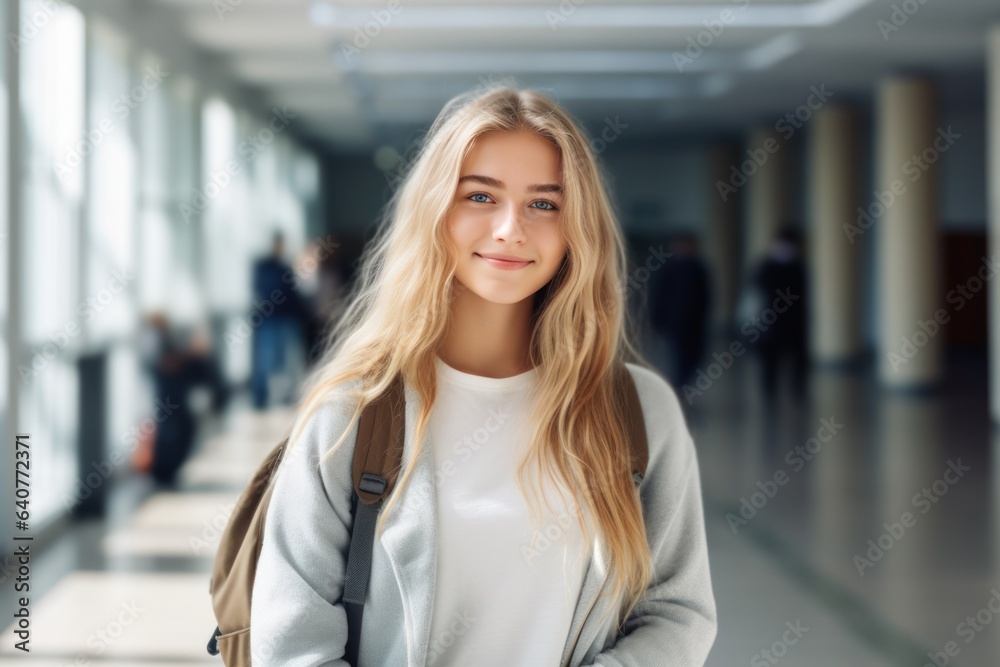 a smiling and charming blonde teenage girl, a high school student with a backpack, looking at the camera