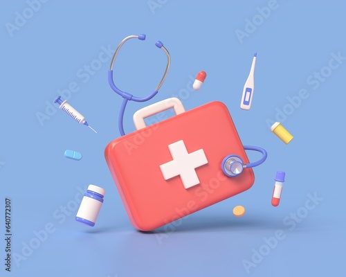 3d first aid kit, plastic bottle for pills, syringe, thermometer, stethoscope, capsules in cartoon style. concept of medicine and healthcare. illustration isolated on blue background. 3d rendering photo