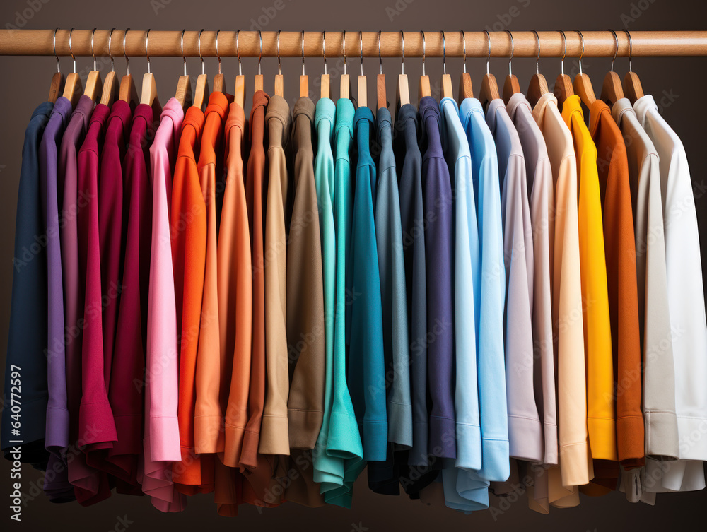 Rack with various colorful jacket on wooden hangers
