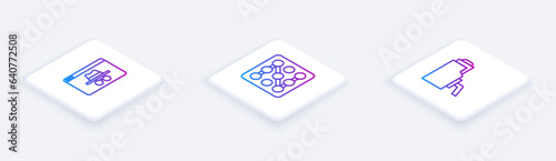 Set Isometric line Browser incognito window, Graphic password protection and Security camera. White square button. Vector