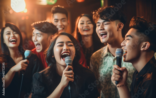 Group of indonesian friends singing at karaoke bar, singing and having fun together
