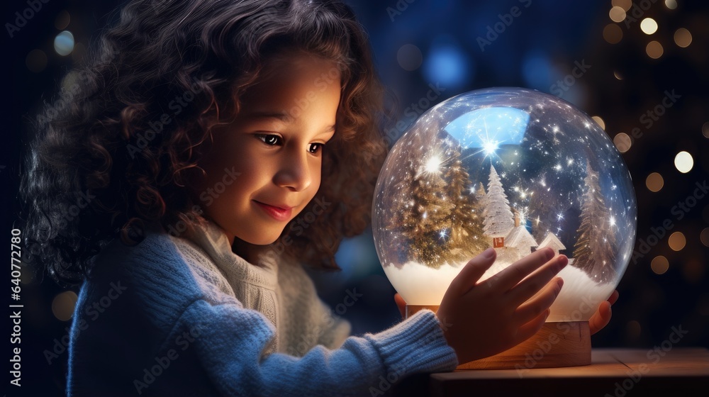 Naklejka premium wonder on a child's face as they unwrap a present to find a magical snow globe that transports them into a winter wonderland.