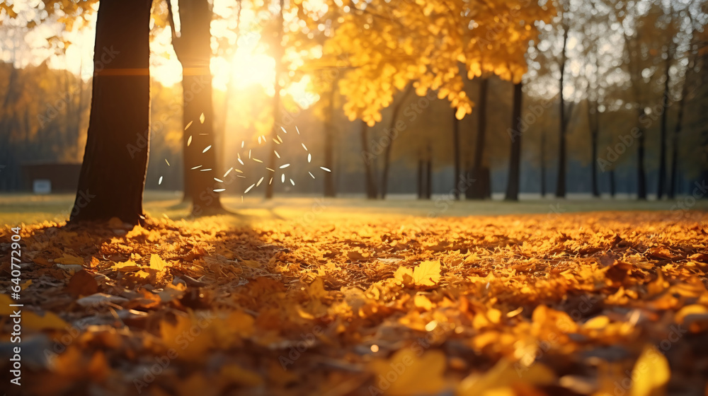 Beautiful Autumn Landscape with Yellow Trees and Sun