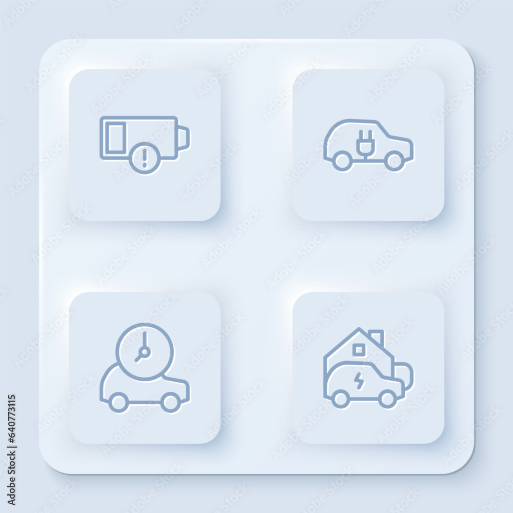 Set line Low battery, Electric car, and Charging home. White square button. Vector Set line Low battery, Electric car, and Charging home. White square button. Vector