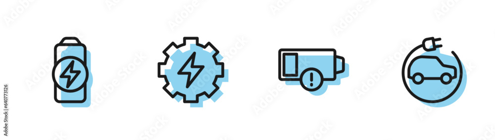 Set line Low battery, Battery charge, Gear and lightning and Electric car icon. Vector Set line Low battery, Battery charge, Gear and lightning and Electric car icon. Vector