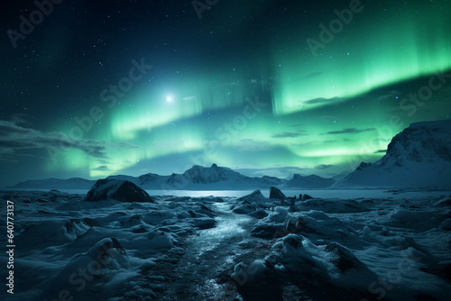 Generative ai collage image picture of amazing view north landscape with green aurora borealis lights © Tetiana