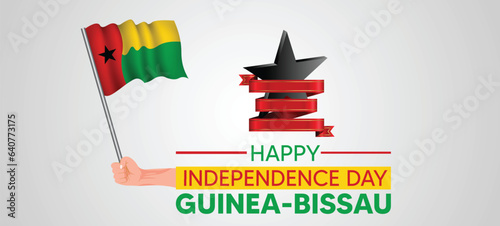 Guinea Bissau independence day vector poster hand holding waving flag