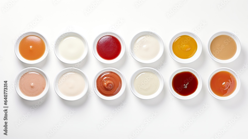 Image of a showcase with sauces in small bowls arranged in a linear pattern on a white background. Image of a showcase with sauces in small bowls arranged in a linear pattern on a white background.