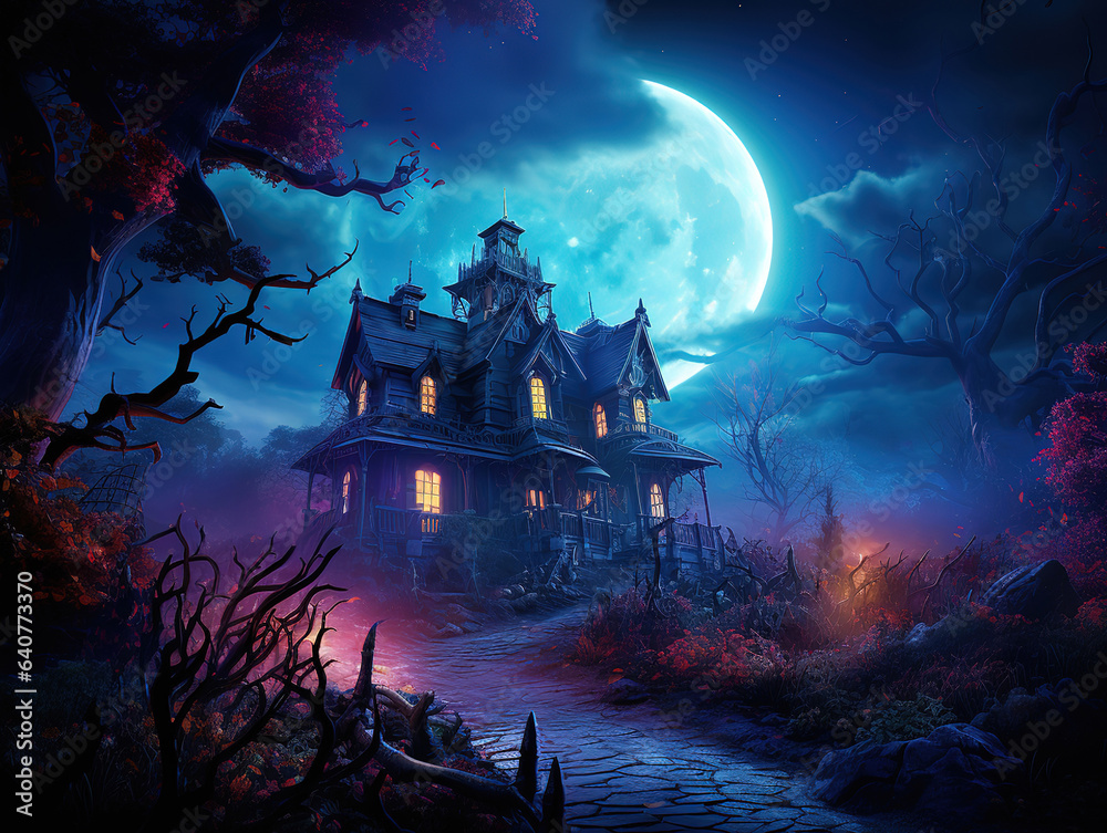 Haunted House with Dark Horror Atmosphere. Halloween Haunted Scene House. Generative Ai