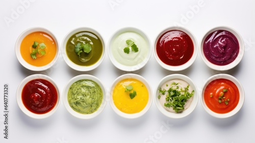 Image of colorful sauces in elegant bowls neatly arranged on a white background.