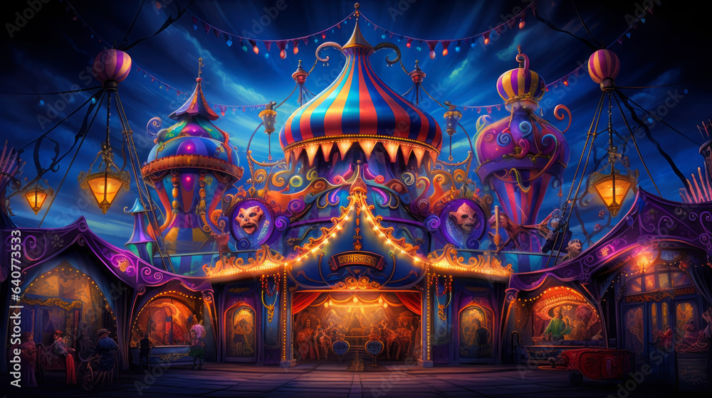 Fototapeta premium Striking image of a haunted circus, painted in colors that captivate as much as they haunt, enhanced by Generative AI.Haunted Circus in Vivid Hues