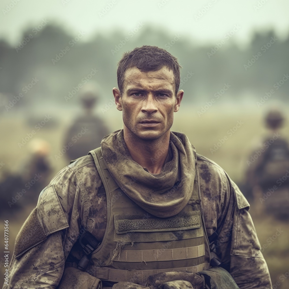 Man in military uniform standing in field.