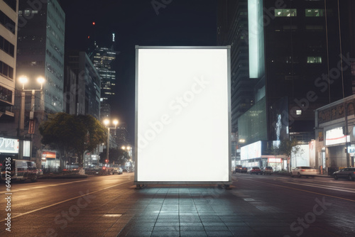 Empty white billboard in street city at night. Informational banner for advertising promotion in city center with copy space
