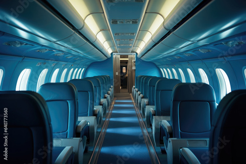 Empty passenger seats in cabin of the aircraft. Plane interior. Economy class in commercial transport