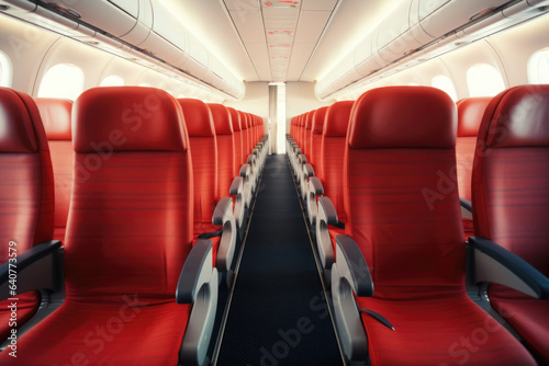 Empty passenger seats in cabin of the aircraft. Plane interior. Economy class in commercial transport
