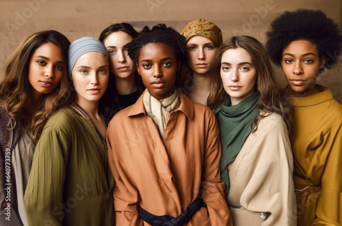 Group of multi ethnic women with different types of skin standing together and looking on camera. Multicultural diversity and friendship concept.Diverse ethnicity women.