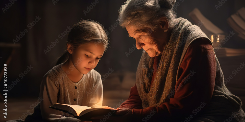 Grandmother reading fairy tail to her granddaughter.
