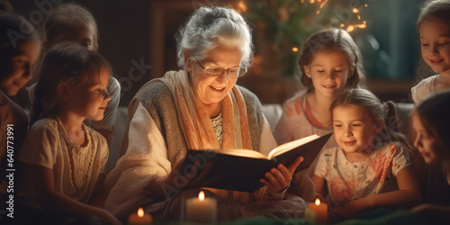 Grandmother reading fairy tail to her grandchildren.