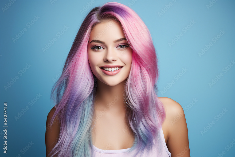 Generative AI portrait of fashion model advertising hair salon showing coloring hairstyle Generative AI portrait of fashion model advertising hair salon showing coloring hairstyle