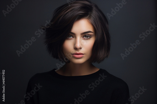 Generative AI closeup portrait of young beautiful brunette woman with short haircut styling