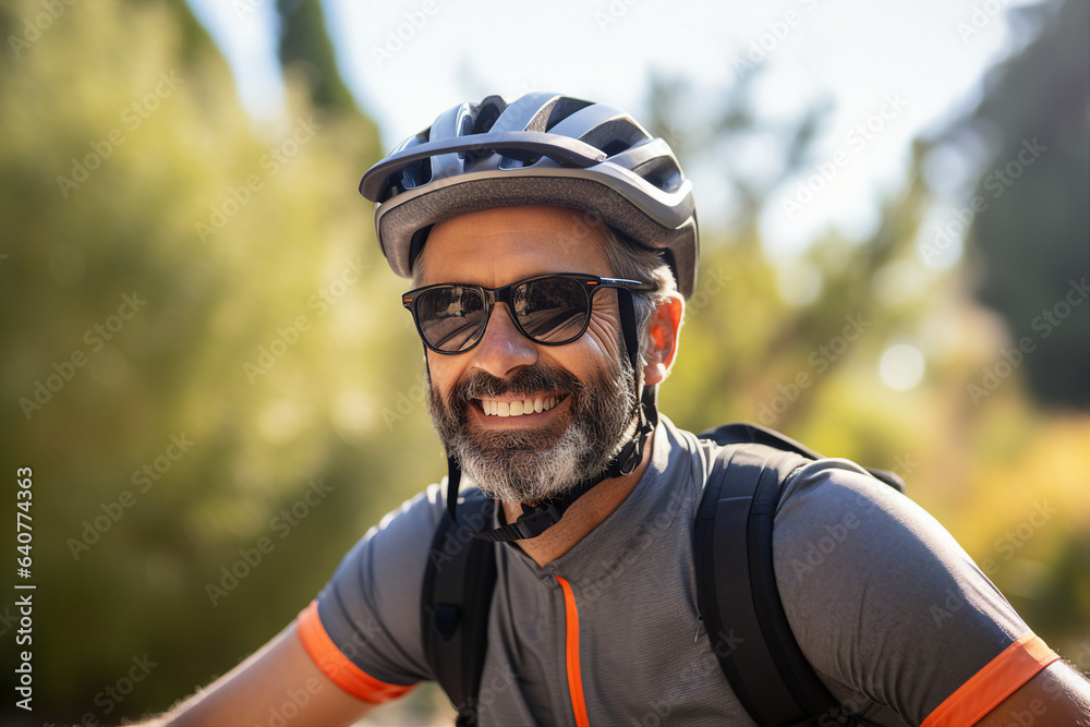 Generative AI photograpy of sporty happy man in protective helmet riding park exploring city nature outdoors Generative AI photograpy of sporty happy man in protective helmet riding park exploring city nature outdoors