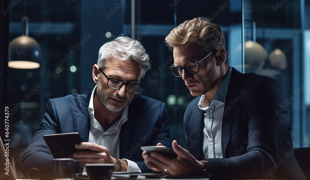 Multi generation business men working together in office. Senior businessman and his younger middle aged colleague using digital tablet and smartphone together during a meeting at modern office.