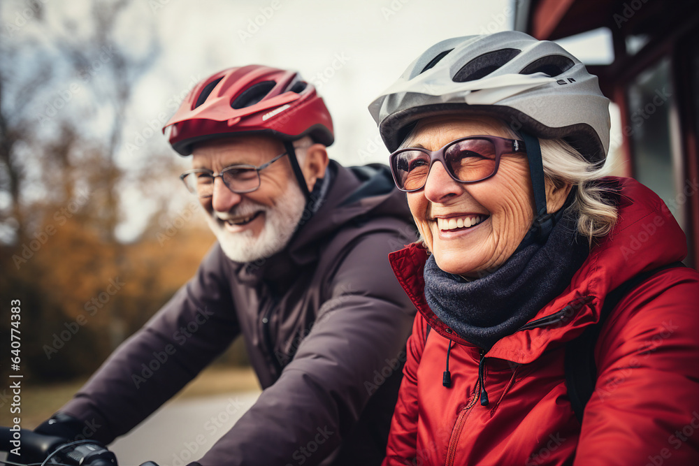 Generative AI photo of retired funny people in protective helmets riding bike together walking park exploring city outdoors Generative AI photo of retired funny people in protective helmets riding bike together walking park exploring city outdoors