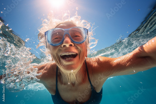 Portrait of happy retired woman having fun swimming under water spending summer holiday in aquapark generative AI