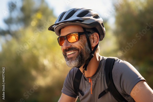 Generative AI photograpy of sporty happy man in protective helmet riding park exploring city nature outdoors © Tetiana