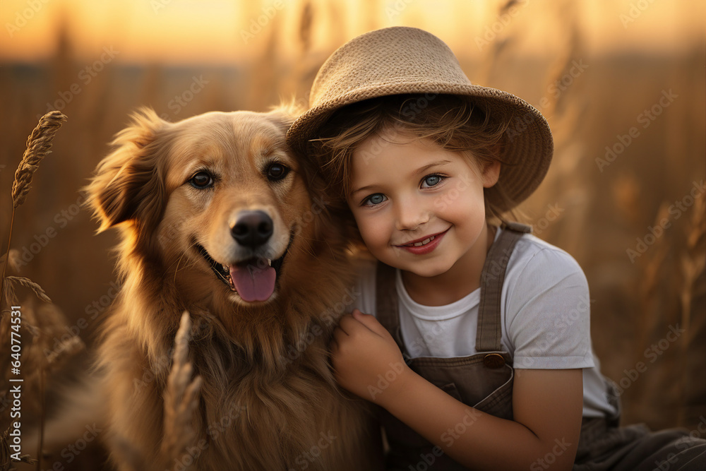 Generative ai collage image of kid hug embrace cute adorable dog puppy outdoors