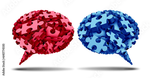 Communication Challenge as two opposing thought bubble shapes with jigsaw puzzle pieces representing tribal or tribalism in politics or political dispute