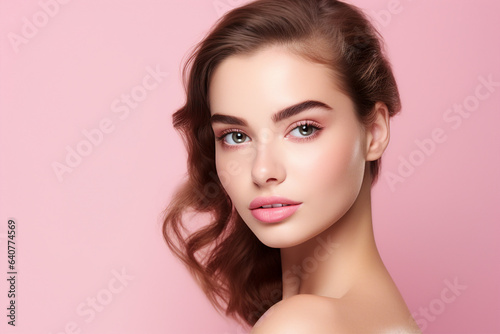 Generative IA picture of young girl natural beauty spa salon concept over pink pastel color background