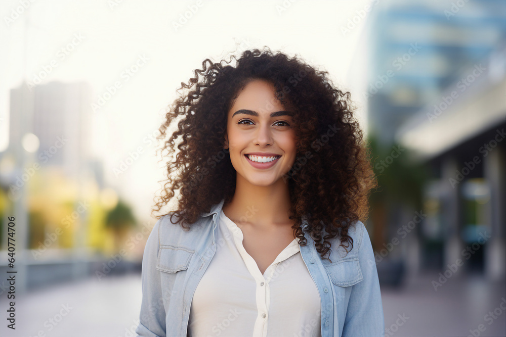 Generative AI picture of young mixed race attractive woman student in the city backdrop Generative AI picture of young mixed race attractive woman student in the city backdrop
