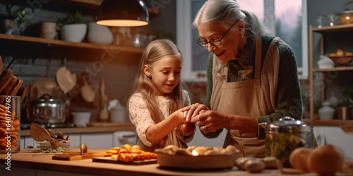 Smiling grandmother and her cute granddaughter cooking together in the modern kitchen.