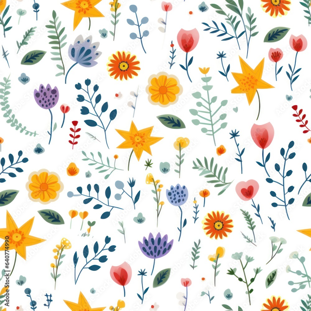 Seamless pattern with flowers and leaves. Hand drawn style illustration. Generative ai.