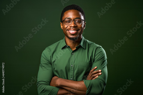 Smiling young black man stands in front of green backdrop with folded arms and green shirt 