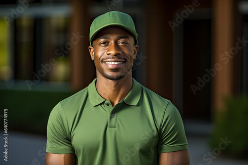 Smiling young black man stands in front of green backdrop with folded arms and green shirt 